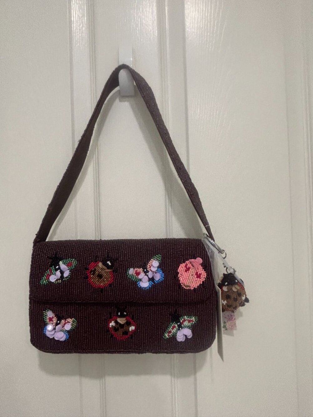 Ladybug Butterfly Beaded Sequin Handbag w Keychain Charm Made in India NWT - Picture 5 of 5